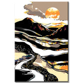 Painting by numbers art nature golden sun behind white mountain with silver-golden river